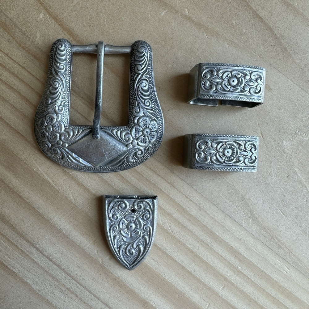 VTG 1950s Western Ranger Belt Buckle Set Handmade 4-Piece 13/16" Sterling 36.7g